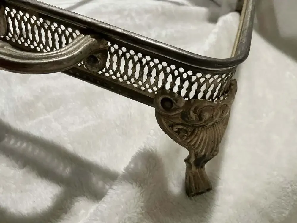 VTG Silverplate Gallery Casserole Dish Holder w/Pierced Design & Footed Base